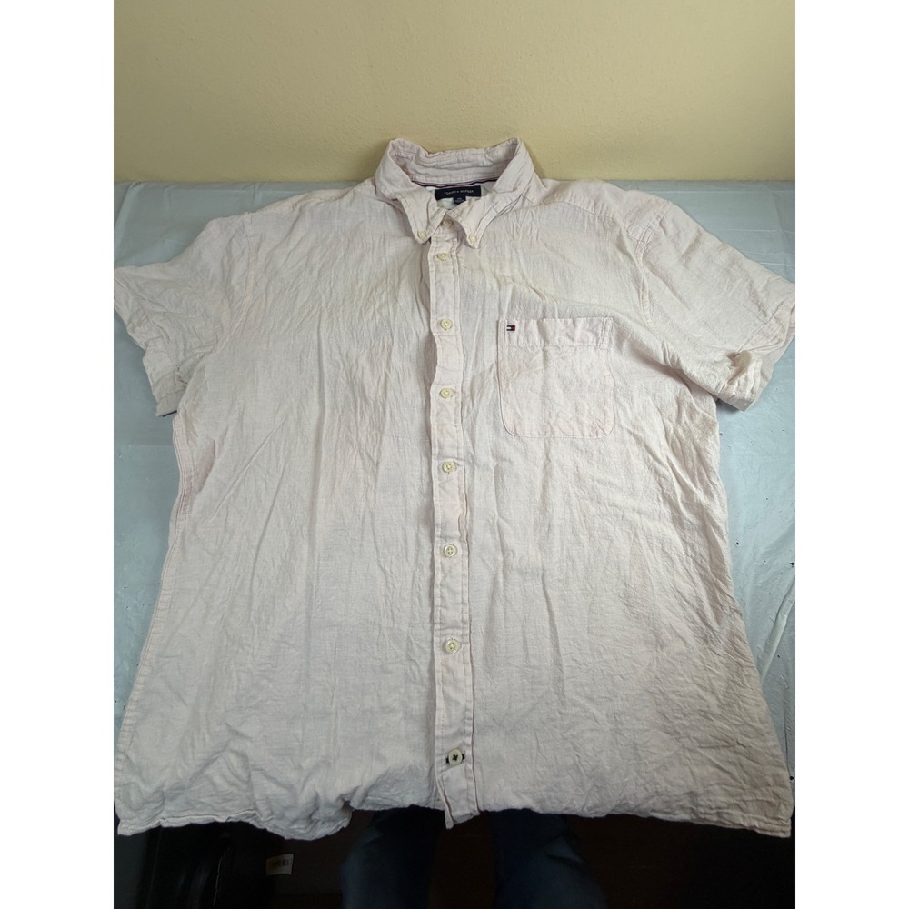Tommy Hilfiger Mens XXL Pink‎ Linen Blend Short Sleeve Button Down Shirt Regular